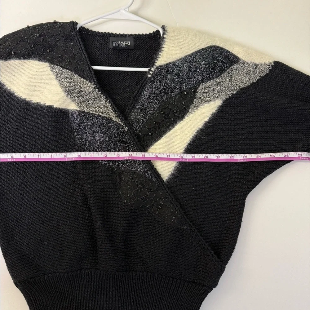 Vintage Imari crossover knit angora iridescent beaded shoulder pads black white